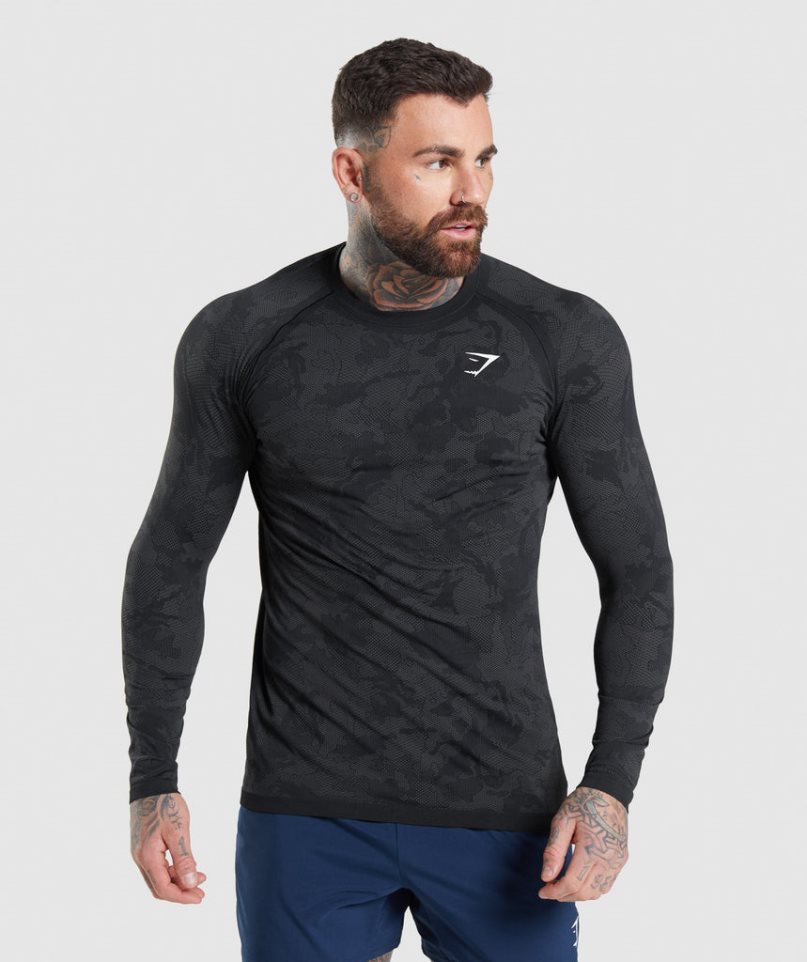 Men\'s Gymshark Geo Seamless Long Sleeve T-Shirts Black | CA 71AND8